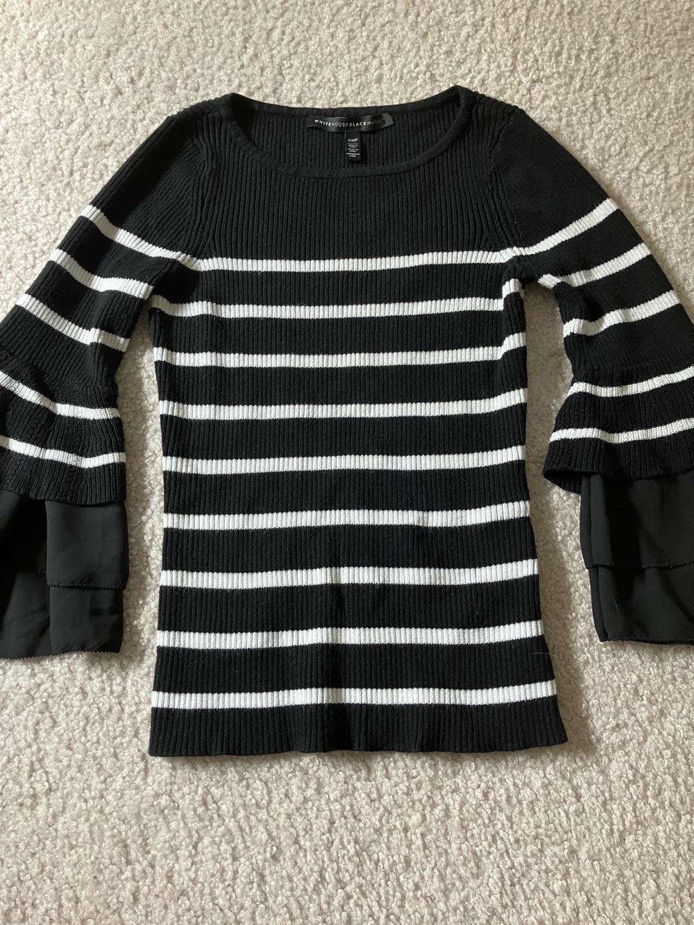 White House Black Market Black and White Striped Scoop-Neck Bell Sleeve Sweater